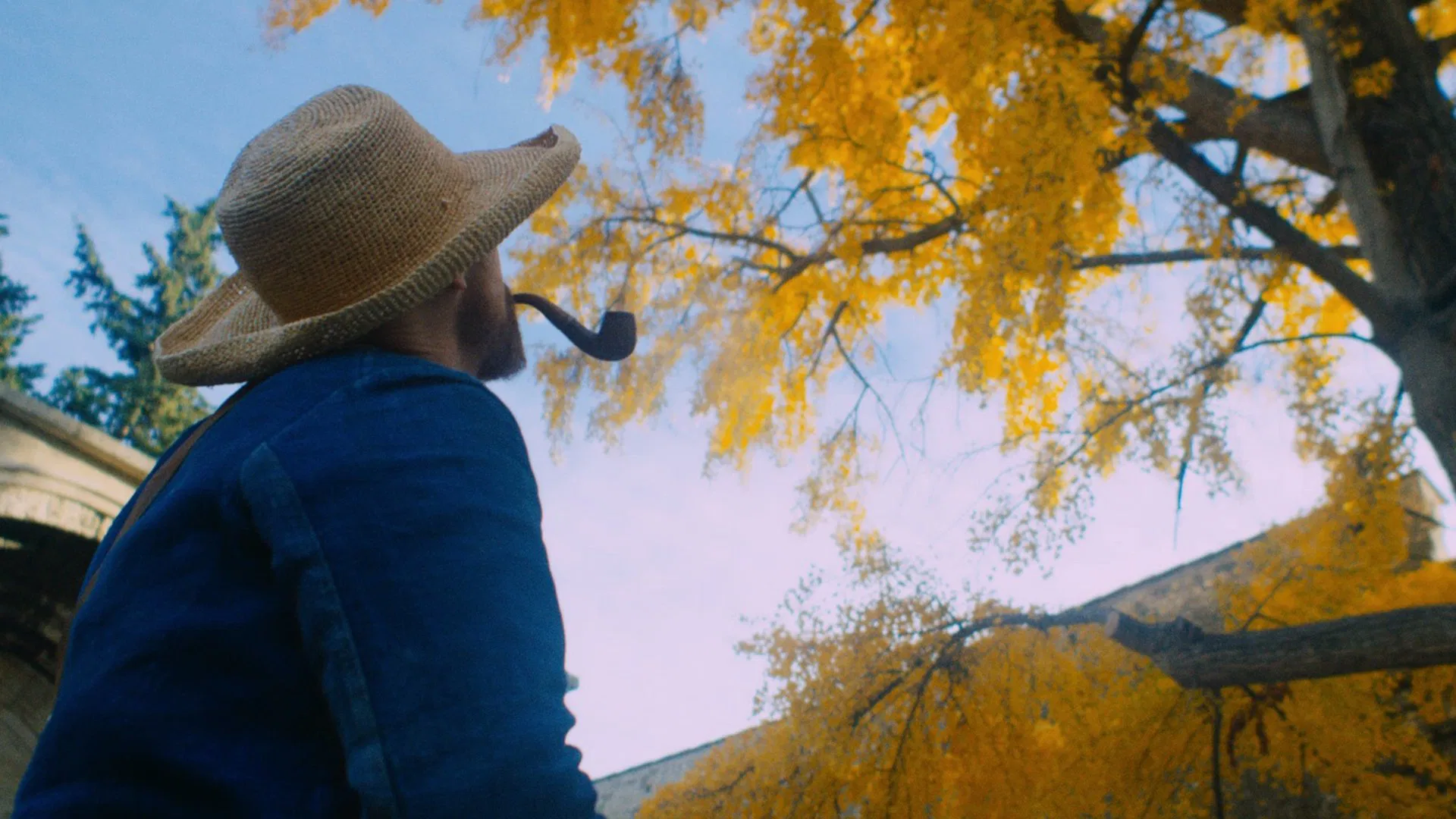 Film still of a man portraying Van Gogh in a straw hat looking up at yellow autumn leaves