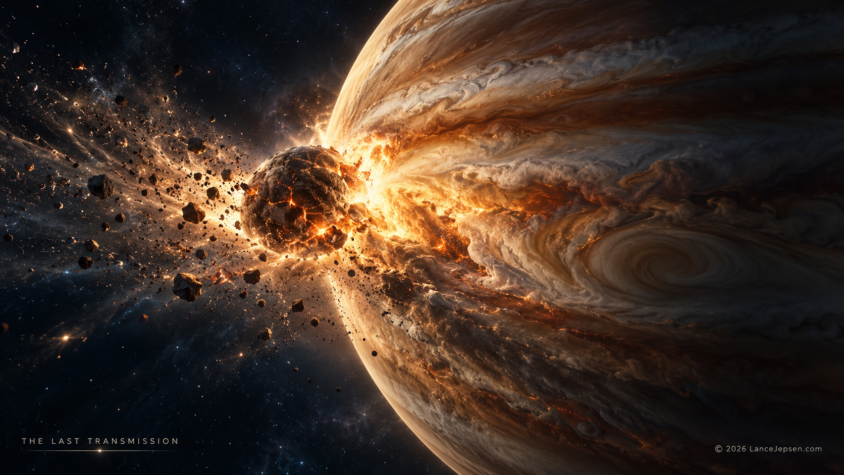 Conceptual ancient giant impact involving a young Jupiter and planetary embryo