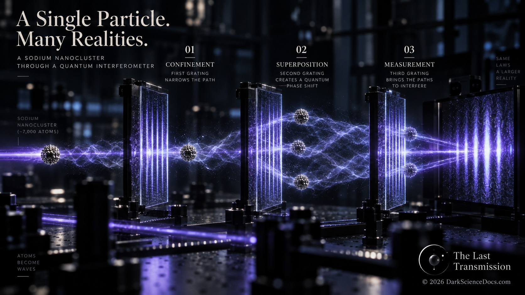 Conceptual visualization of the three-grating matter-wave interferometer.