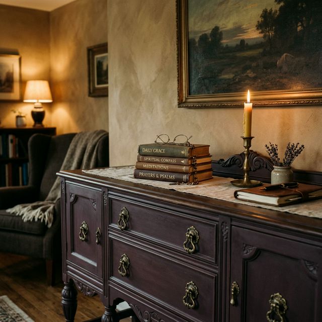 A restored vintage sideboard painted in dark plum, accented with Victorian brass drop-pulls.