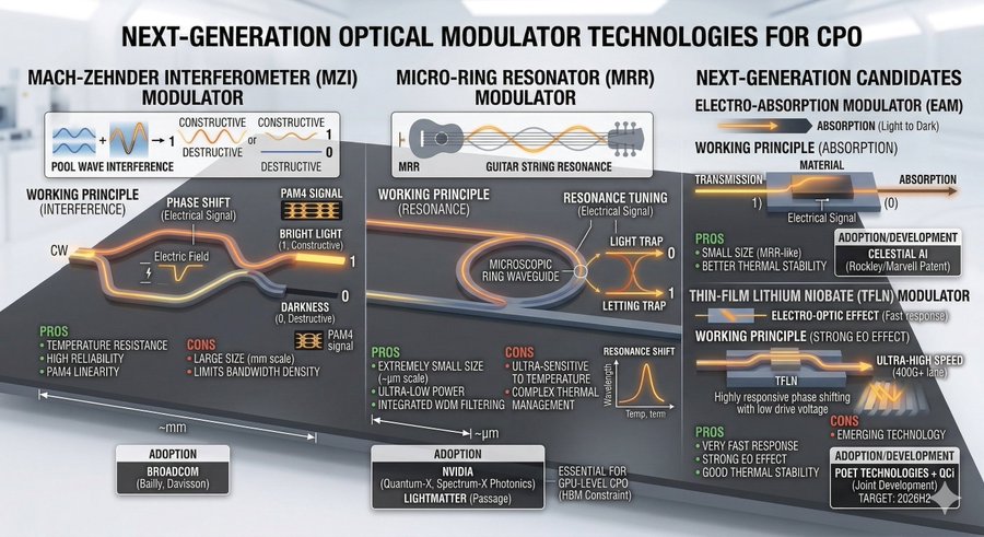 Figure 5: Modulator technology comparison — MZI, MRR, EAM, and TFLN