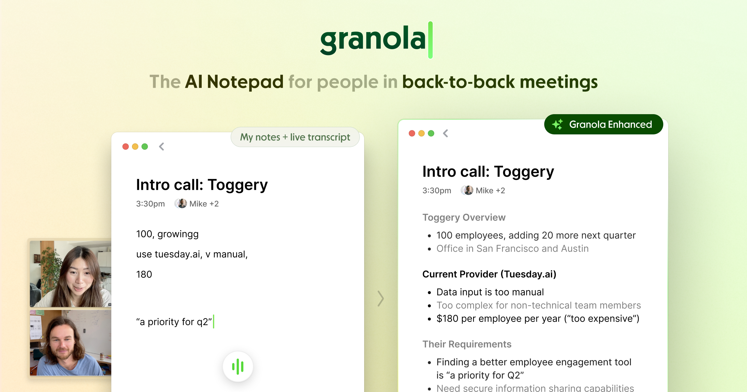 Granola AI notepad interface showing meeting notes and AI summary