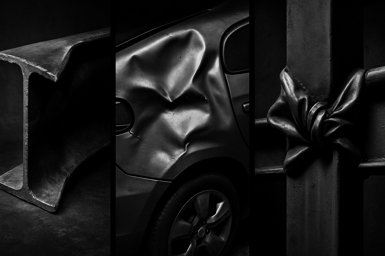Close-up photograph of crumpled industrial steel, macro detail of bent and folded metal showing stress lines and deformation, dramatic side lighting creating deep shadows, high contrast black and white, textural detail of failure points, abstract composition, professional industrial photography