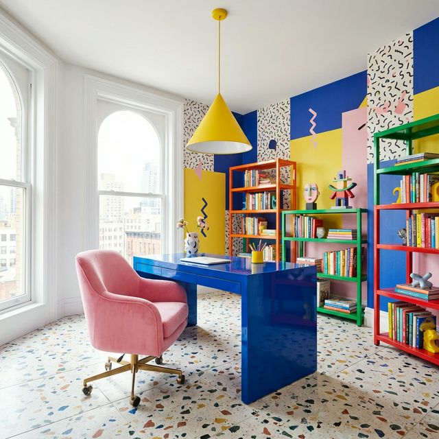 FunHaus Memphis-inspired home office with cobalt blue desk