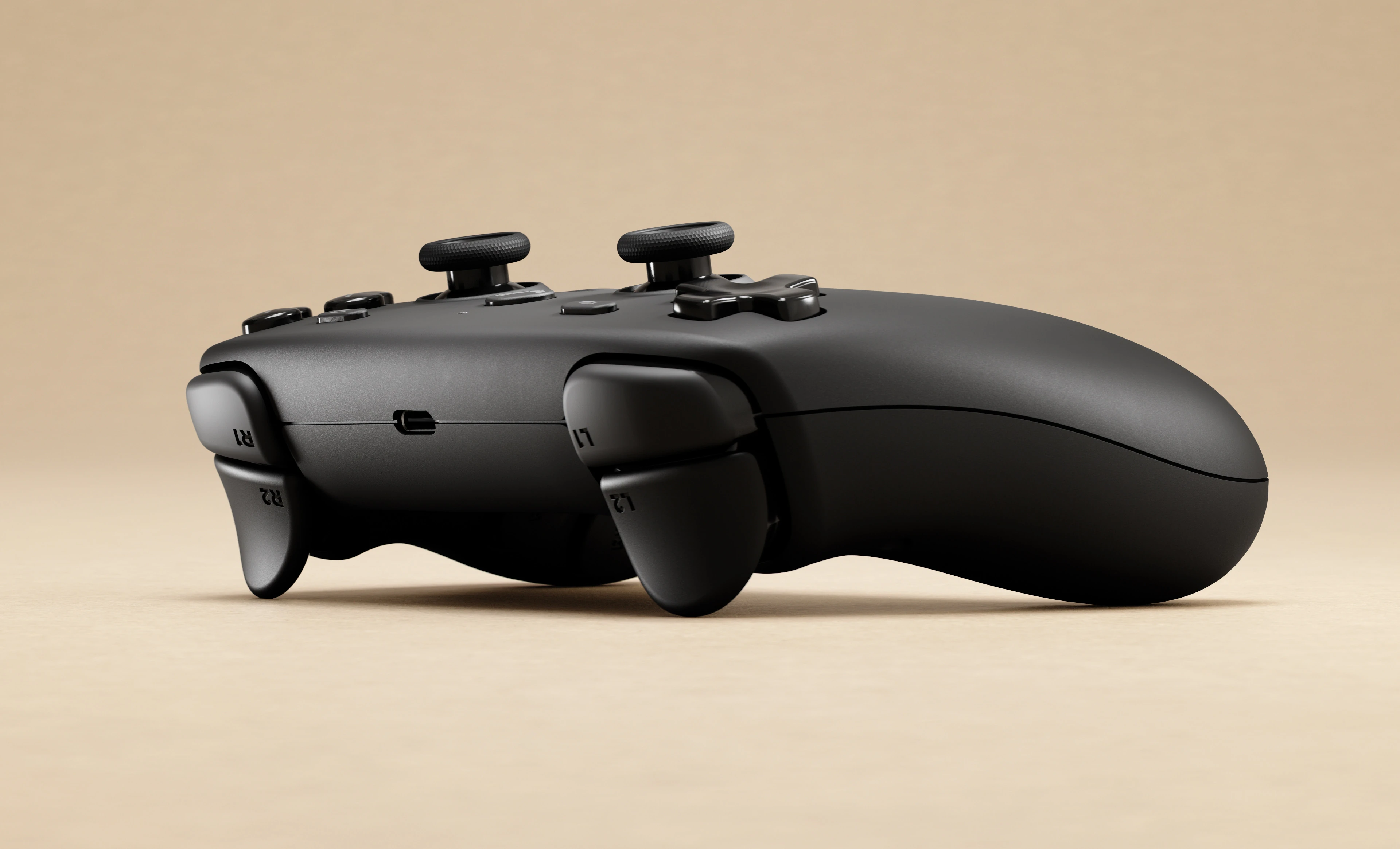 Steam Controller 2026 side profile view showing the slim grip design, trigger and bumper layout, and overall controller depth