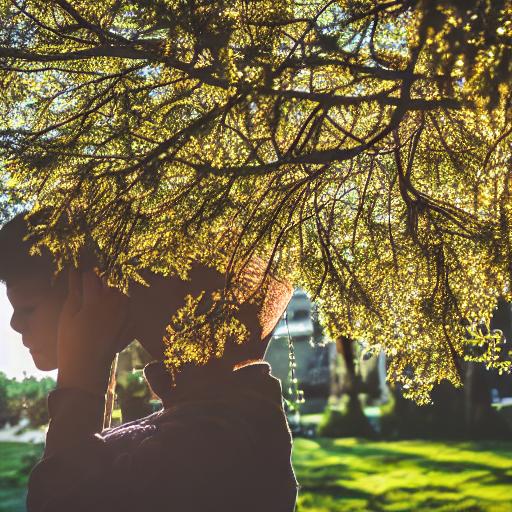 An AI-generated photo of a backlit willow tree and a man posed as though he's holding a camera, but instead of a camera it's his head, and the tree kind of obscures in shadow the place where his head should be.