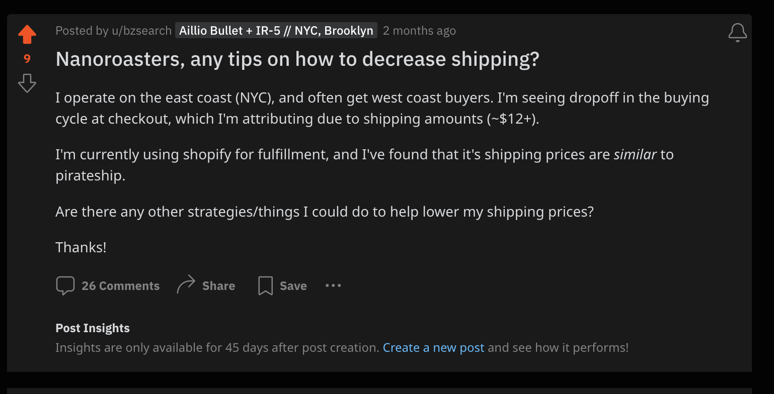 Reddit post about shipping