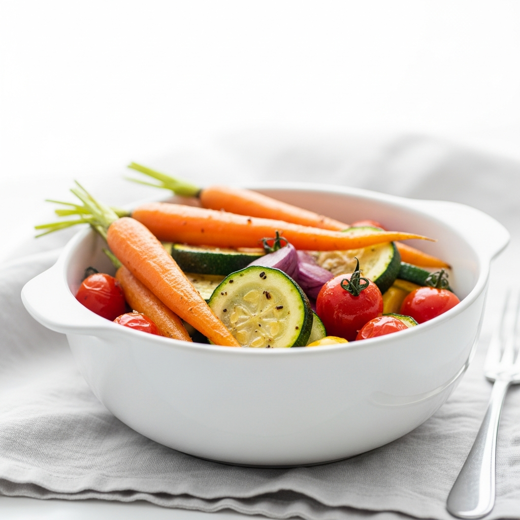 Light and airy close-up of a white ceramic bowl filled with colorful roasted vegetables — carrots, zucchini, cherry tomatoes — on a pale linen cloth, bright natural daylight