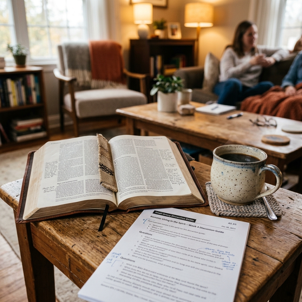Close up of an open Bible, a cup of coffee, and a printed small group discussion guide