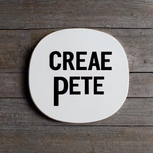 An artificially generated black and white image of a white button with the text "CREAE PETE" with an inexplicably large P in all-cap black lettering; the button sits against a presumably wooden shiplap background.