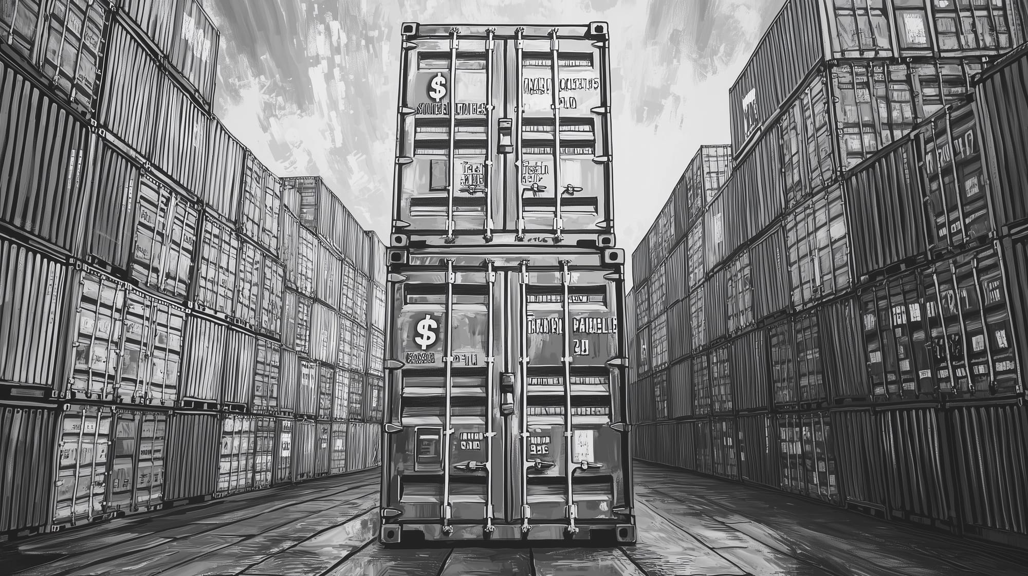 "Black and white pointillism of a shipping container with a large label that has money symbols. Shipping Yard."