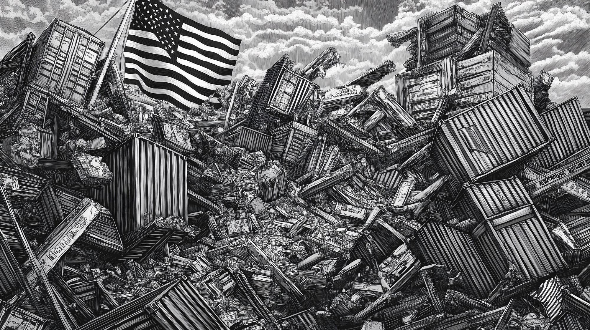"A dramatic portrayal of crumbling trade barriers with containers spilling goods and flags of the U.S., Canada, and Mexico intertwined, rendered in detailed black and white pointillism."