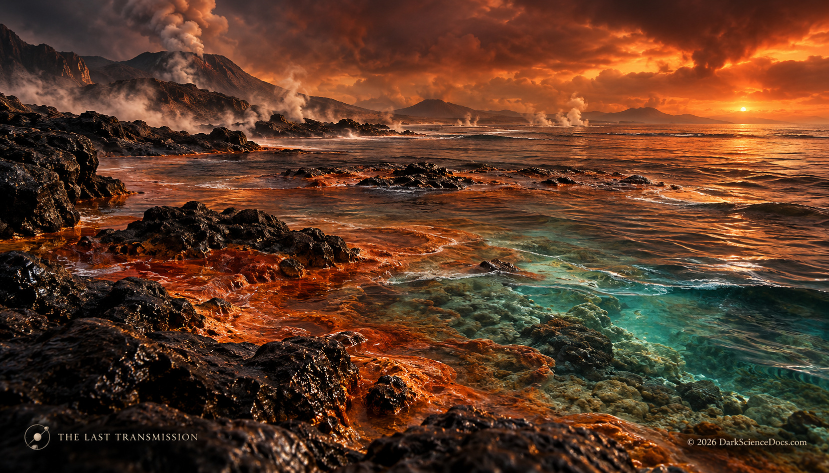 Concept artwork. An ancient shoreline places a modern experiment beside a much older metabolic history.