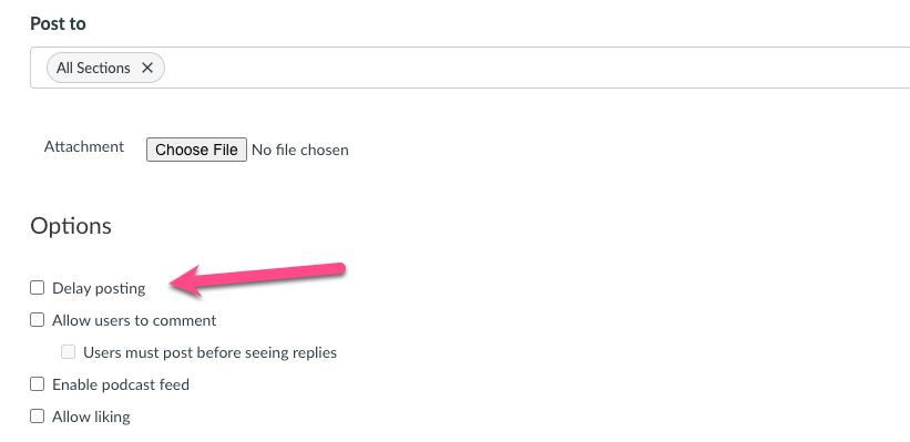 A screenshot of the Posting Options in Canvas with an arrow pointing to the checkbox for "Delay Posting."