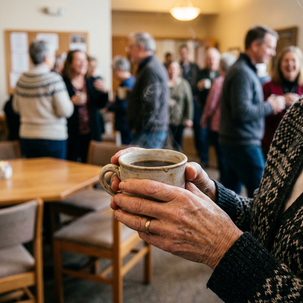 Close up of hands holding a warm coffee cup in a church lobby, blurry background of people socializing