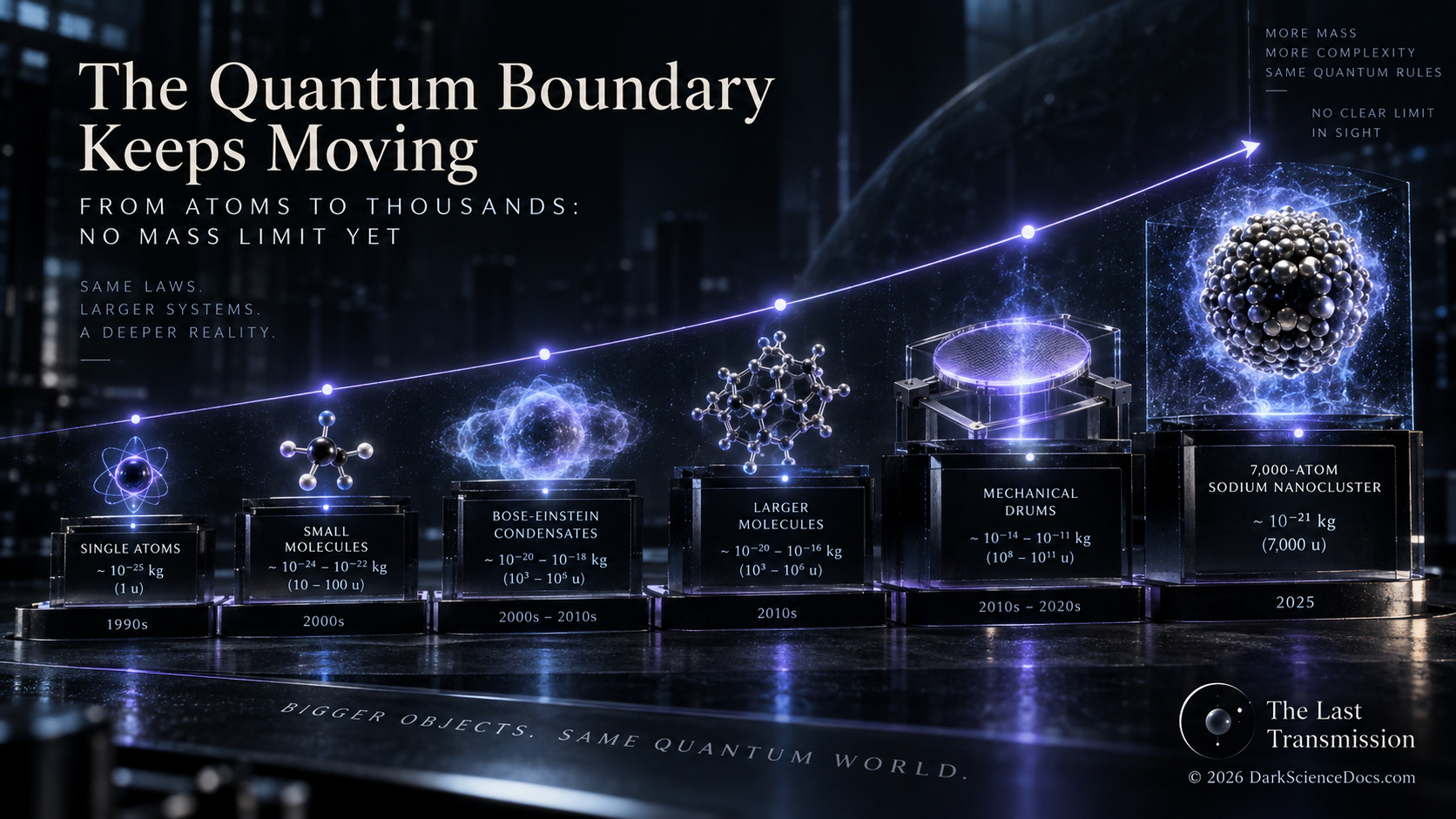 A conceptual timeline of the expanding scale of quantum experiments.