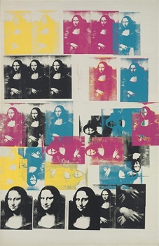 Colorful repeated Mona Lisa prints arranged in a grid