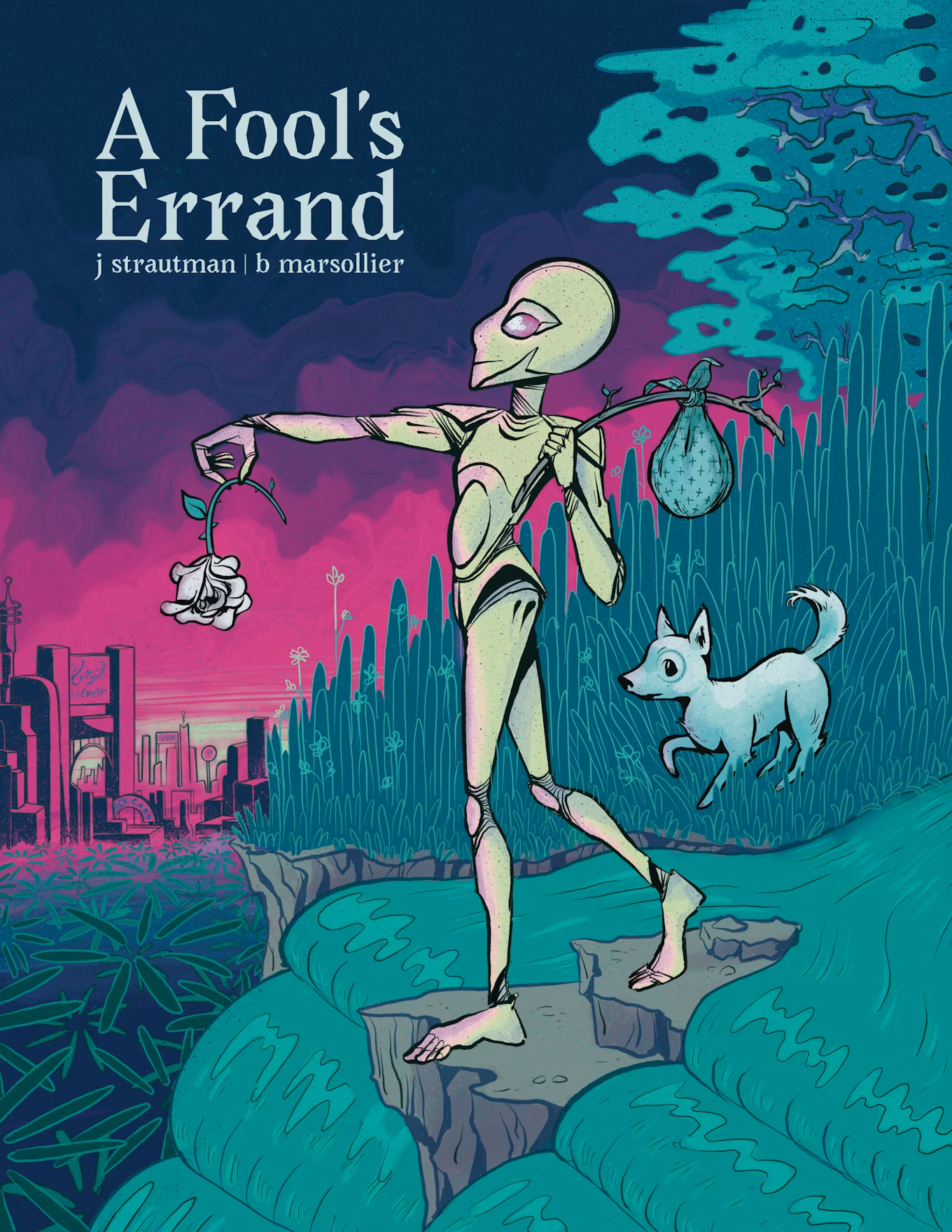 The cover art for A Fool's Errand, which shows an android about to walk off the edge of a waterfall. They are carrying a flower and holding it out in front of them. Behind them is a small dog. The pose of the android and dog are similar to the tarot card The Fool.