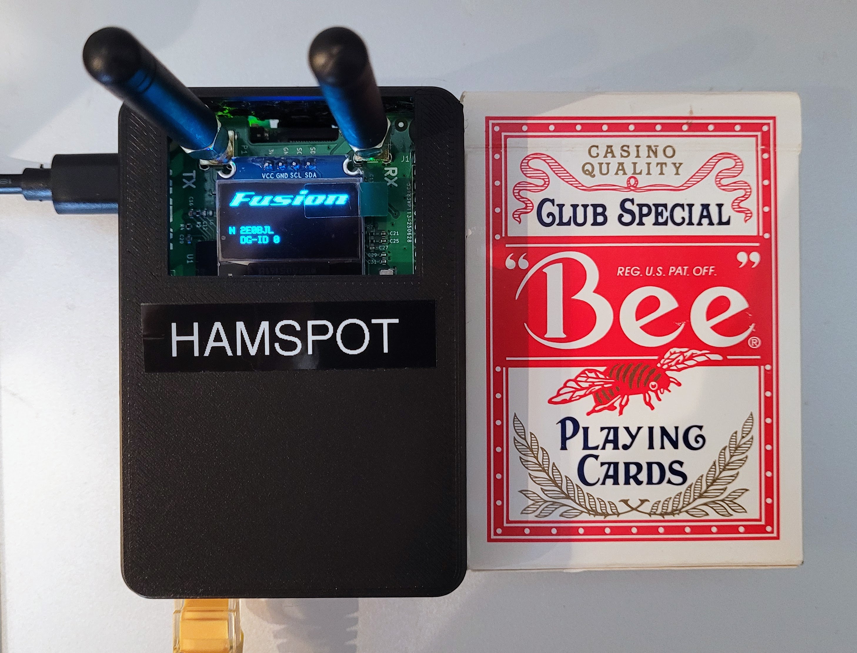 The Hamspot 5 is about the size of a deck of cards