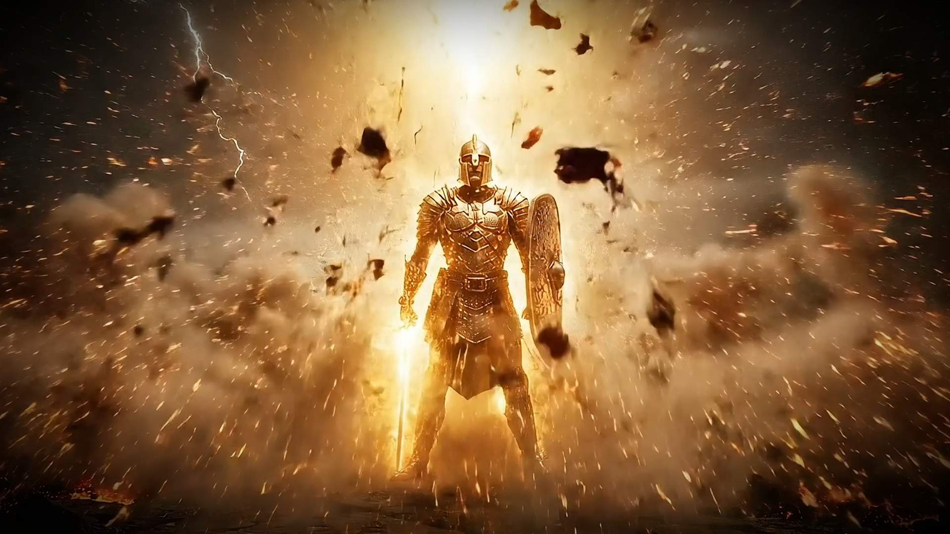 Cinematic image of a warrior standing in radiant golden light with armor, shield, and sword, symbolizing the Armor of God and spiritual strength in the face of battle.