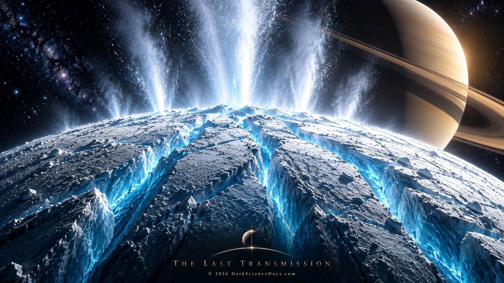 Concept artwork. South-polar cracks connect the visible plume with processes beneath the surface.