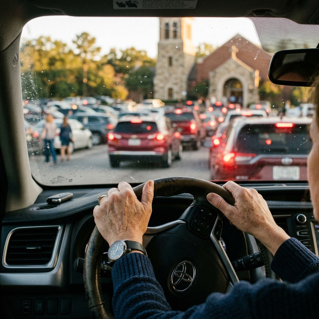 Close up of hands gripping a steering wheel inside a car, looking out through the windshield at a line of red taillights in a crowded church parking lot