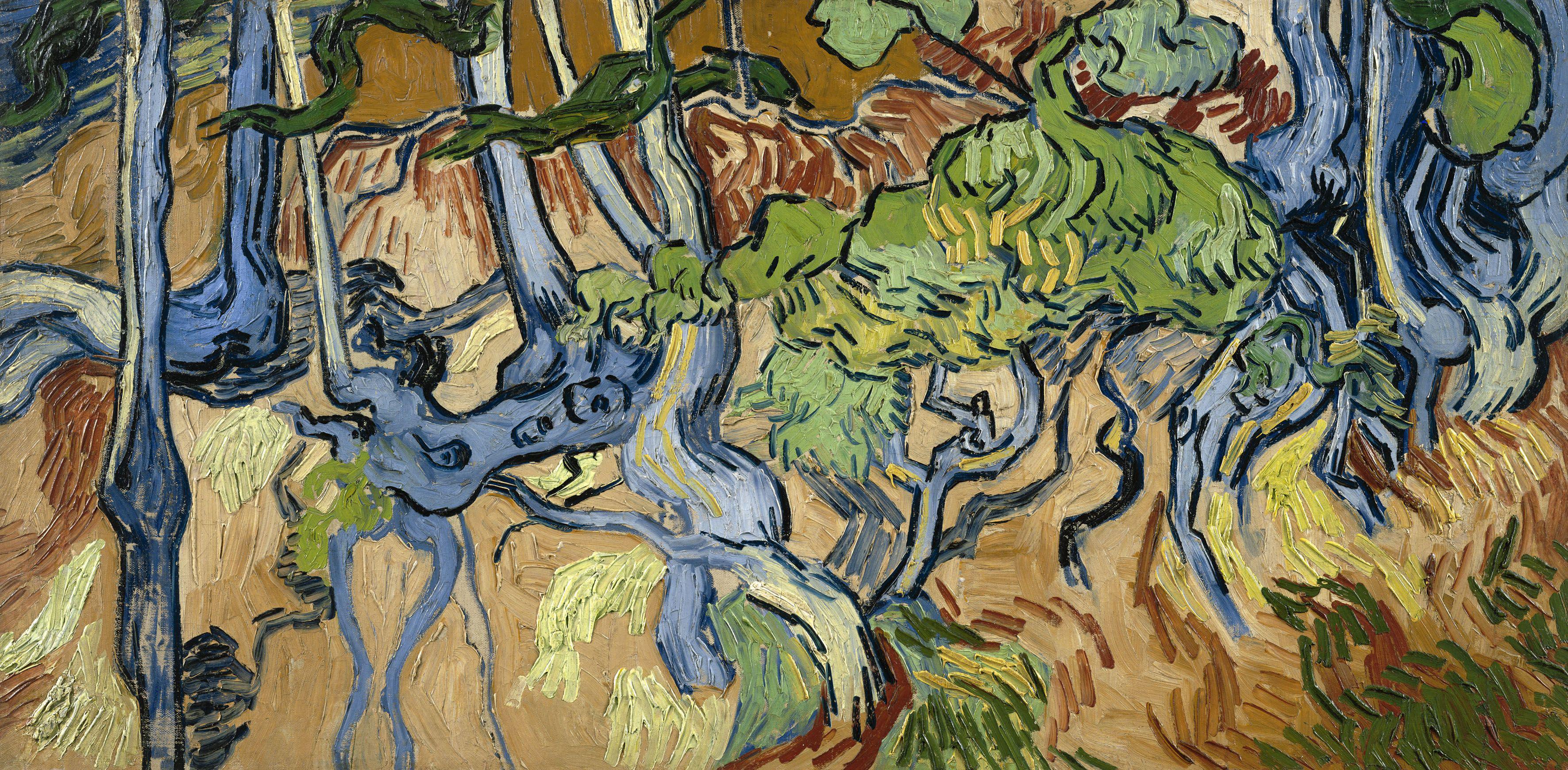 Van Gogh's Tree Roots painting with tangled roots and blue trunks