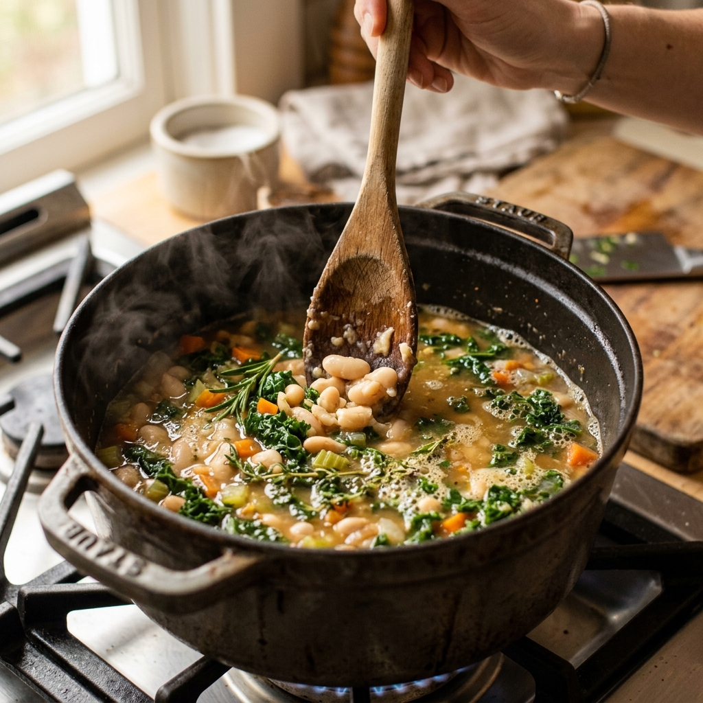 Close-up of a wooden spoon stirring Tuscan white bean and kale soup in a cast iron Dutch oven