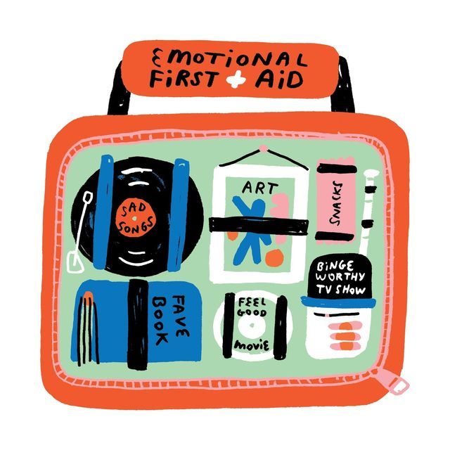 This may contain: an orange and green suitcase with various items on the front, including scissors, tape, etc