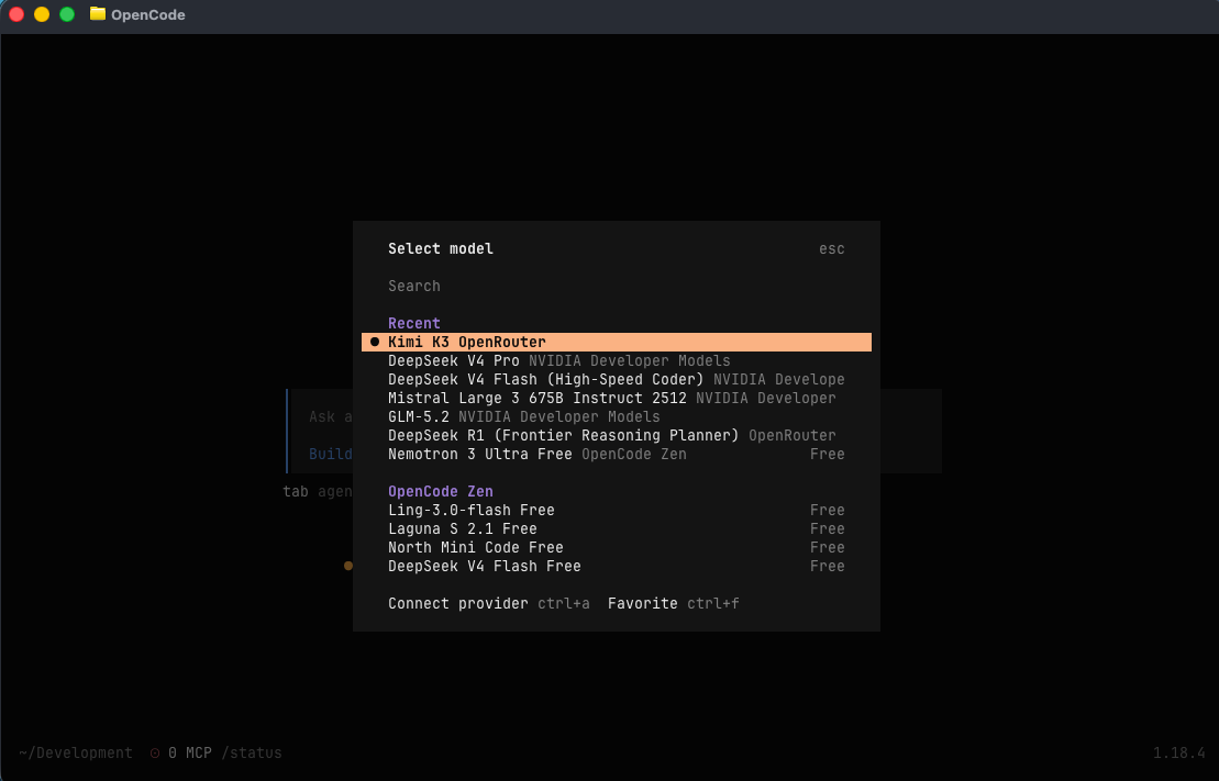 OpenCode's model picker listing DeepSeek, Mistral, GLM and Nemotron models available through NVIDIA Developer Models, OpenCode Zen and OpenRouter.