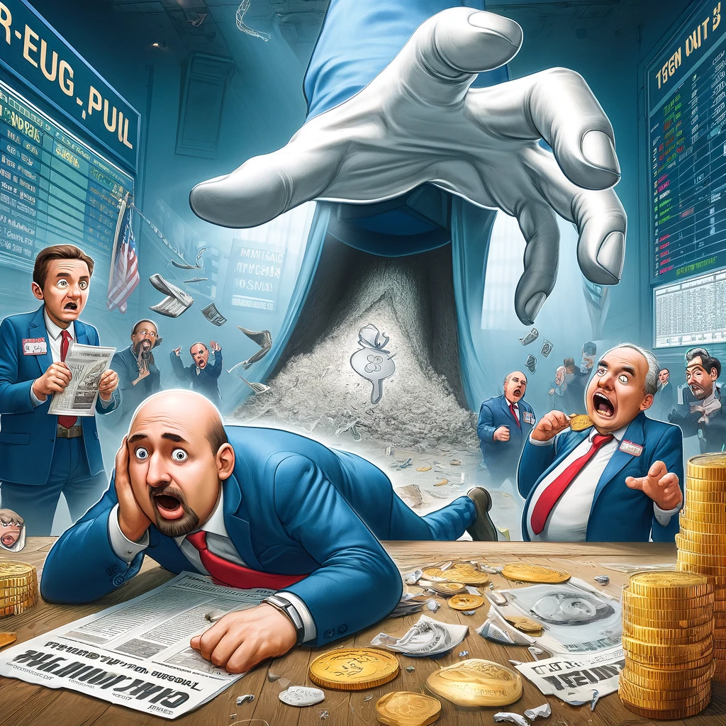 A satirical yet serious illustration for a blog post about trading risks in the silver market. The scene features a chaotic trading floor with a couple of traders in suits, one holding 'paper silver' contracts and both looking worried. In the center, a large hand is pulling a rug from under them, symbolizing the potential 'rug-pull'. In the background, a rabbit hole with a silver coin at the bottom adds to the concept of a 'trading rabbit hole'. The atmosphere is tense with exaggerated expressions on the traders' faces. A satirical yet serious illustration for a blog post about trading risks in the silver market. The scene features a chaotic trading floor with a couple of traders in suits, one holding 'paper silver' contracts and both looking worried. In the center, a large hand is pulling a rug from under them, symbolizing the potential 'rug-pull'. In the background, a rabbit hole with a silver coin at the bottom adds to the concept of a 'trading rabbit hole'. The atmosphere is tense with exaggerated expressions on the traders' faces.