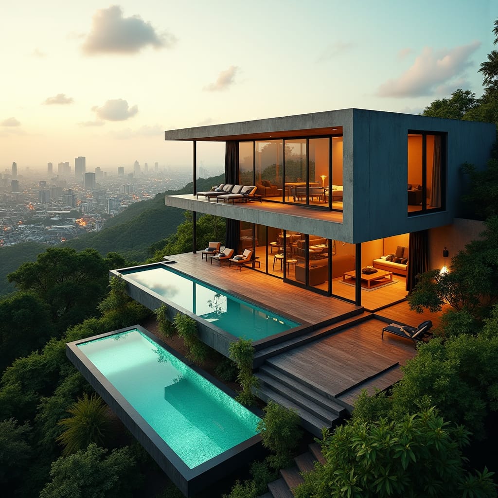 Modern Jamaican prefab home, multi-level, cityscape backdrop, surrounded by lush greenery, with vast openings, floor-to-ceiling windows, and bold architectural lines, showcasing a seamless blend of industrial chic and tropical vibes. Two swimming pools, one nestled on the rooftop, offering breathtaking views of the city skyline, while the other is situated on a lower level, surrounded by an expansive wooden deck and lush vegetation.