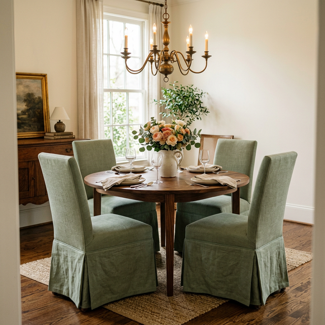 Refined dining room with four skirted parsons chairs in soft sage green linen around a round walnut table with garden roses, brass chandelier above