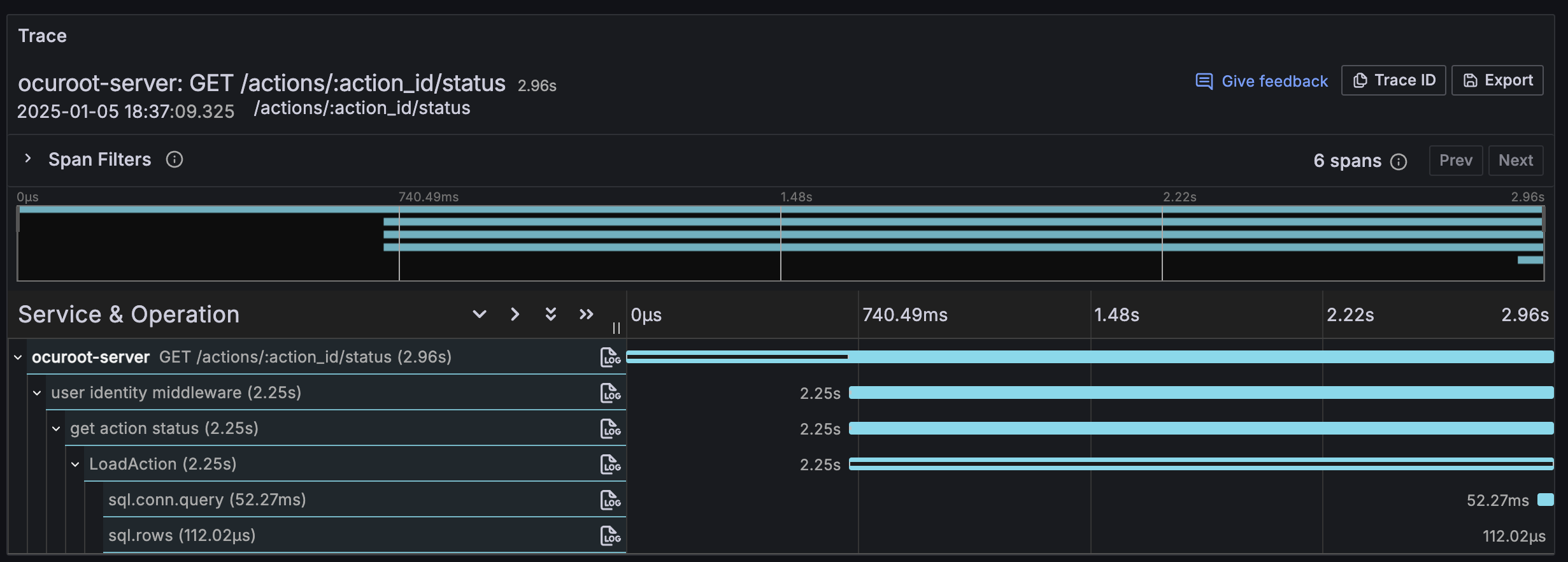 A screenshot of a trace view showing a delay of ~2s before executing a 52ms database query.
