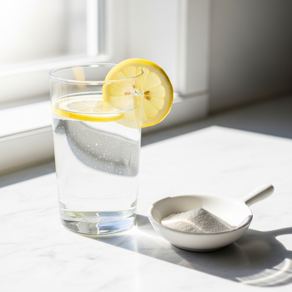Light and airy close-up of a tall glass of water with a slice of lemon and a small white ceramic dish of electrolyte powder on a white marble countertop with bright natural daylight streaming in from the left