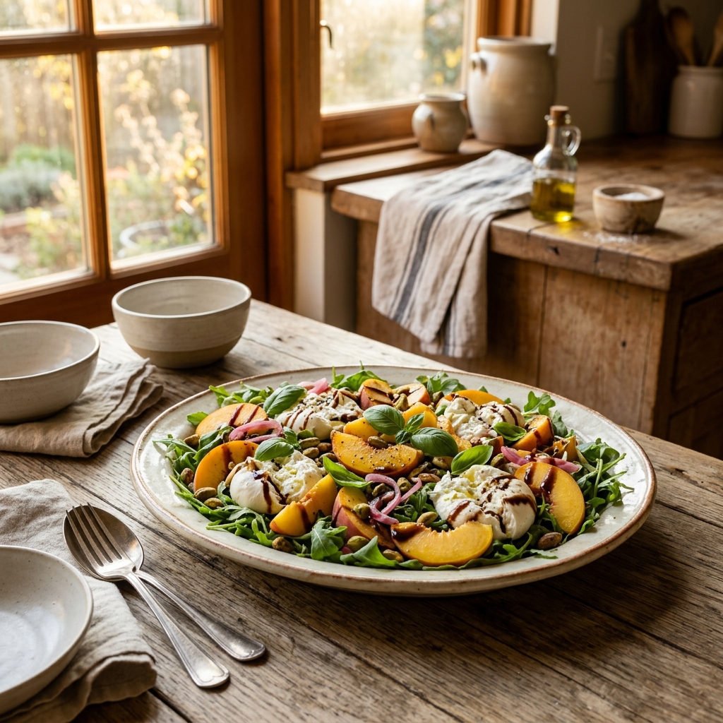 A platter of summer peach and burrata salad with fresh basil and balsamic drizzle on a wooden table
