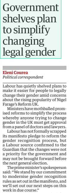 Government shelves plan to simplify changing legal gender The Guardian11 Feb 2025Eleni Courea Political correspondent Labour has quietly shelved plans to make it easier for people to legally change their gender amid concerns about the rising popularity of Nigel Farage’s Reform UK.  Ministers have mothballed promised reforms to simplify the process whereby anyone trying to change gender in the UK must get approval from a panel of doctors and lawyers.  Labour has not formally scrapped its manifesto pledge to reform the gender recognition process, but a Labour source confirmed to the Guardian that the changes were not a priority for the government and may not be brought forward before the next general election.  The prime minister’s spokesperson said: “We stand by our commitment to modernise gender recognition rules as set out in the manifesto, and we’ll set out our next steps on this work in due course.”  Sources told the Times, which first reported the story, that the changes would have served as “catnip” for Farage. Under the existing UK-wide process brought about by the Gender Recognition Act, anyone trying to legally change gender must live as their preferred gender for two years before seeking a gender recognition certificate. Obtaining the certificate is subject to approval by a panel of doctors and lawyers.  Labour had intended to drop the two-year requirement and replace the panel with a registrar system requiring sign-off from just one doctor.  Writing for the Guardian in 2023, Anneliese Dodds, who was shadow equalities minister at the time, said the current process was “intrusive, outdated and humiliating” by requiring “a panel of anonymous doctors to decide something of momentous significance, based on reams of intrusive medical paperwork and evidence of any surgery.”  “This is demeaning for trans people and meaningless in practice. A diagnosis provided by one doctor, with a registrar instead of a panel, should be enough,” she wrote. “We will remove invasive bureaucracy and simplify the process.”  Labour confirmed this was still its position before the election last summer. The party’s manifesto promised to “modernise, simplify, and reform the intrusive and outdated gender recognition law”.  It also promised to maintain singlesex exceptions under the Equality Act and to deliver “a full trans-inclusive ban on conversion practices”, which is still expected to go ahead.  Labour strategists are concerned about the rise of Reform, which is neck-and-neck with Labour and the Conservatives in opinion polls.  Article Name:Government shelves plan to simplify changing legal gender Publication:The Guardian Author:Eleni Courea Political correspondent Start Page:15 End Page:15