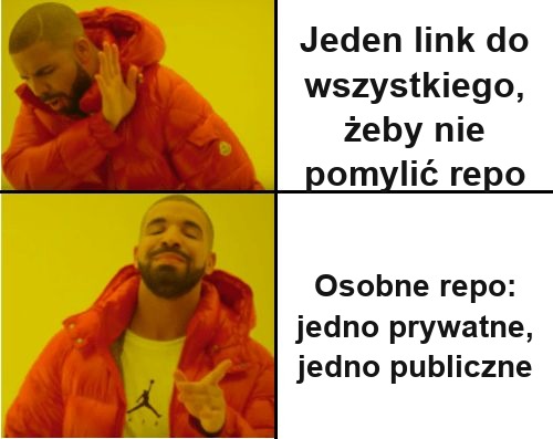 mem Drake: jeden link do wszystkiego (nie) kontra osobne repo prywatne i publiczne (tak)