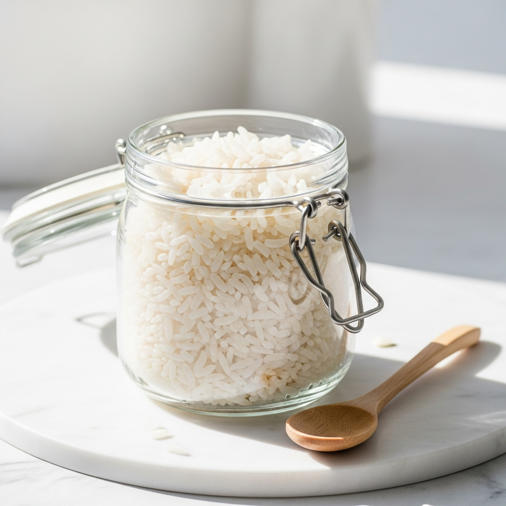 Light and airy close-up of a glass jar of cooked and cooled white rice on a white marble surface, with a small wooden spoon resting beside it, bright natural daylight, fresh and clean aesthetic