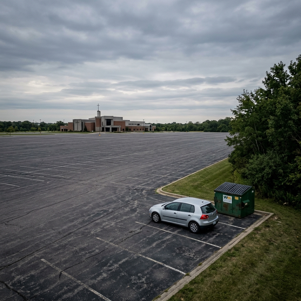 A lone small car parked by itself at the far edge of a massive empty parking lot