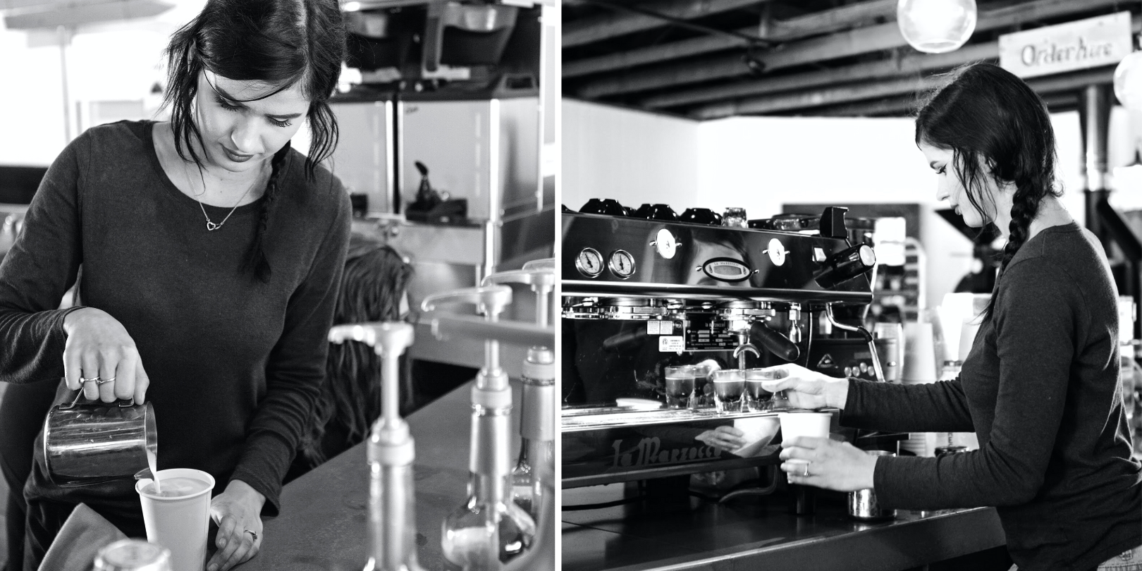 Left: A barista pours milk foam into a latte behind the coffee bar. Right: A barista holds a rocks glass under the nozzle of an espresso machine dispensing coffee.