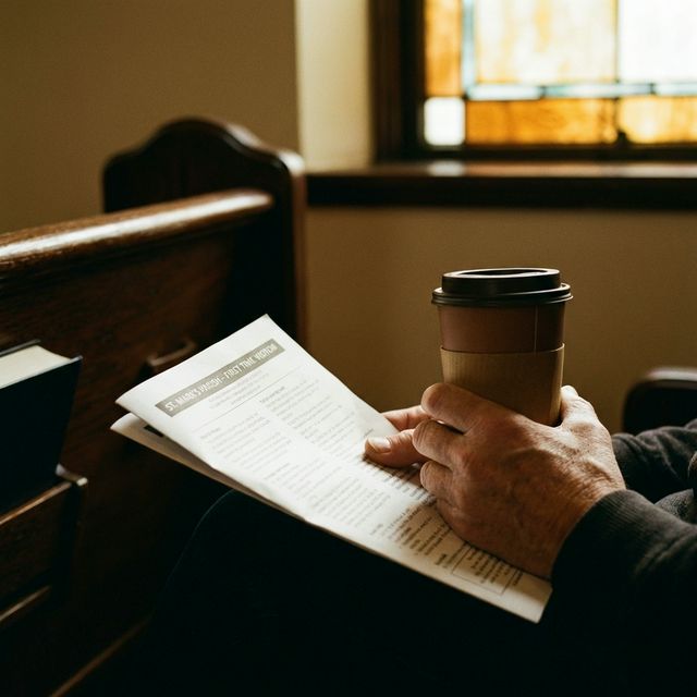 Close-up of hands holding a church bulletin and coffee cup, warm amber lighting, worn wooden pew, editorial documentary style