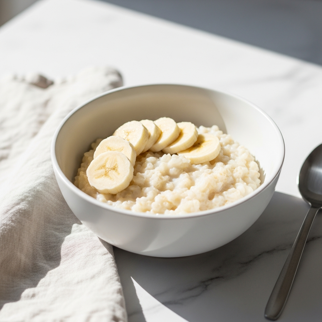Light and airy close-up of a white ceramic bowl of soft rice porridge topped with sliced ripe banana on a sunlit white marble countertop, bright natural daylight, linen cloth beside the bowl