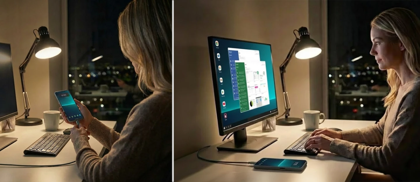 With a NexPhone, you can dock your device to your home setup and pick your work up where you left off