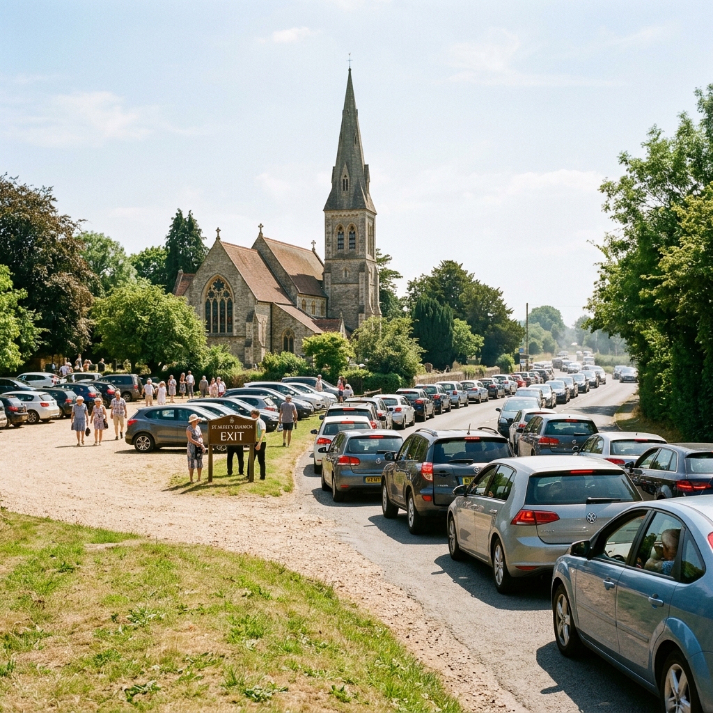 A long line of cars queued up waiting to exit a church parking lot under a sunny afternoon sky, with a modern church building in the background