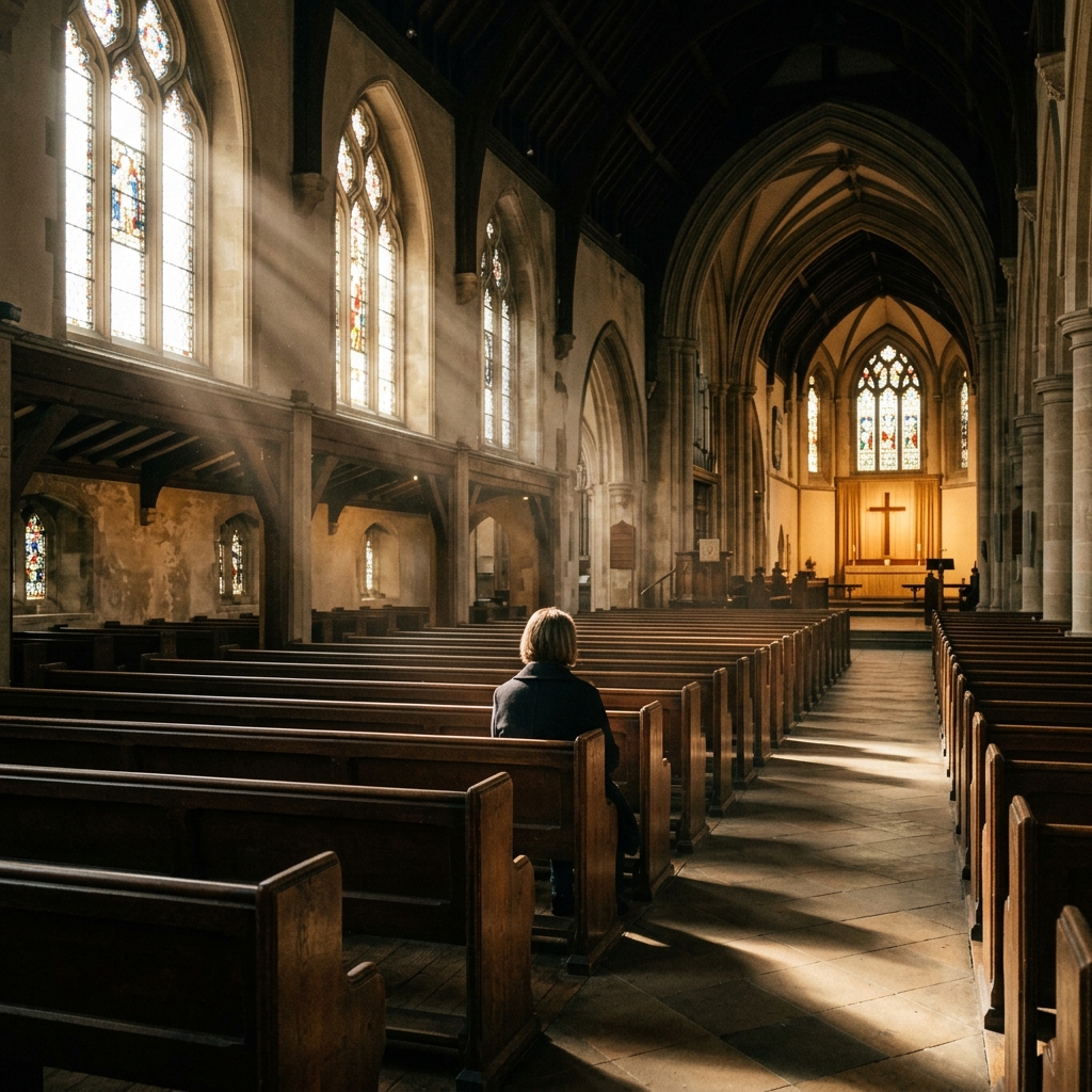 View from the back row of a church sanctuary looking forward toward the pulpit with empty seats around