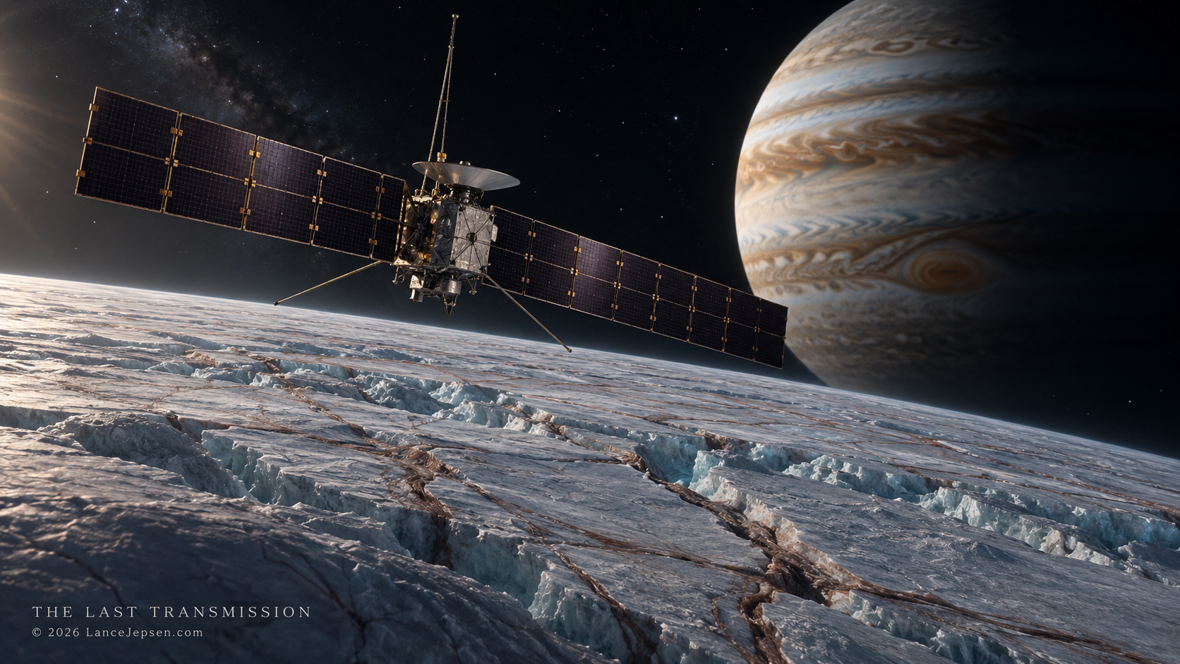 AI illustration of Europa Clipper making measurements near Europa
