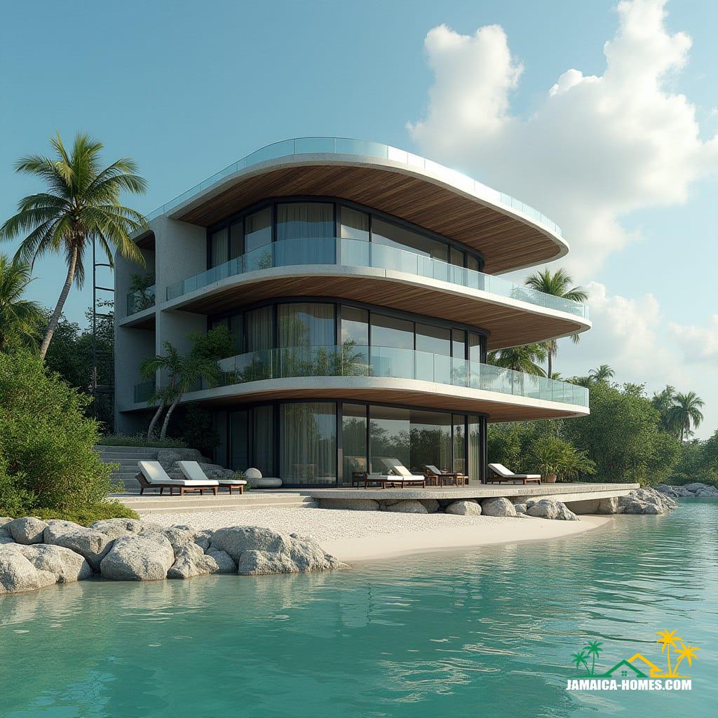 A majestic 4-storey steel frame round beach home in Jamaica, Caribbean, with protruding balconies, bathed in warm cinematic lighting