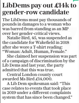 Libdems pay out £14k to gender-row candidate The Daily Telegraph9 Jan 2025 The Libdems must pay thousands of pounds in damages to a woman who was barred from standing as an MP over her gender-critical views. Natalie Bird, 45, was suspended as the candidate for Wakefield in 2018 after she wore a T-shirt reading: “Woman: Adult, Human, Female.” She claimed her suspension was part of a campaign of discrimination by the Lib Dems and last year, the party admitted that this was true. Central London county court awarded Ms Bird £14,000. A Lib Dem spokesman said: “This case relates to events that took place in 2019 under a different complaints system that has since been changed.” Article Name:Libdems pay out £14k to gender-row candidate Publication:The Daily Telegraph Start Page:2 End Page:2