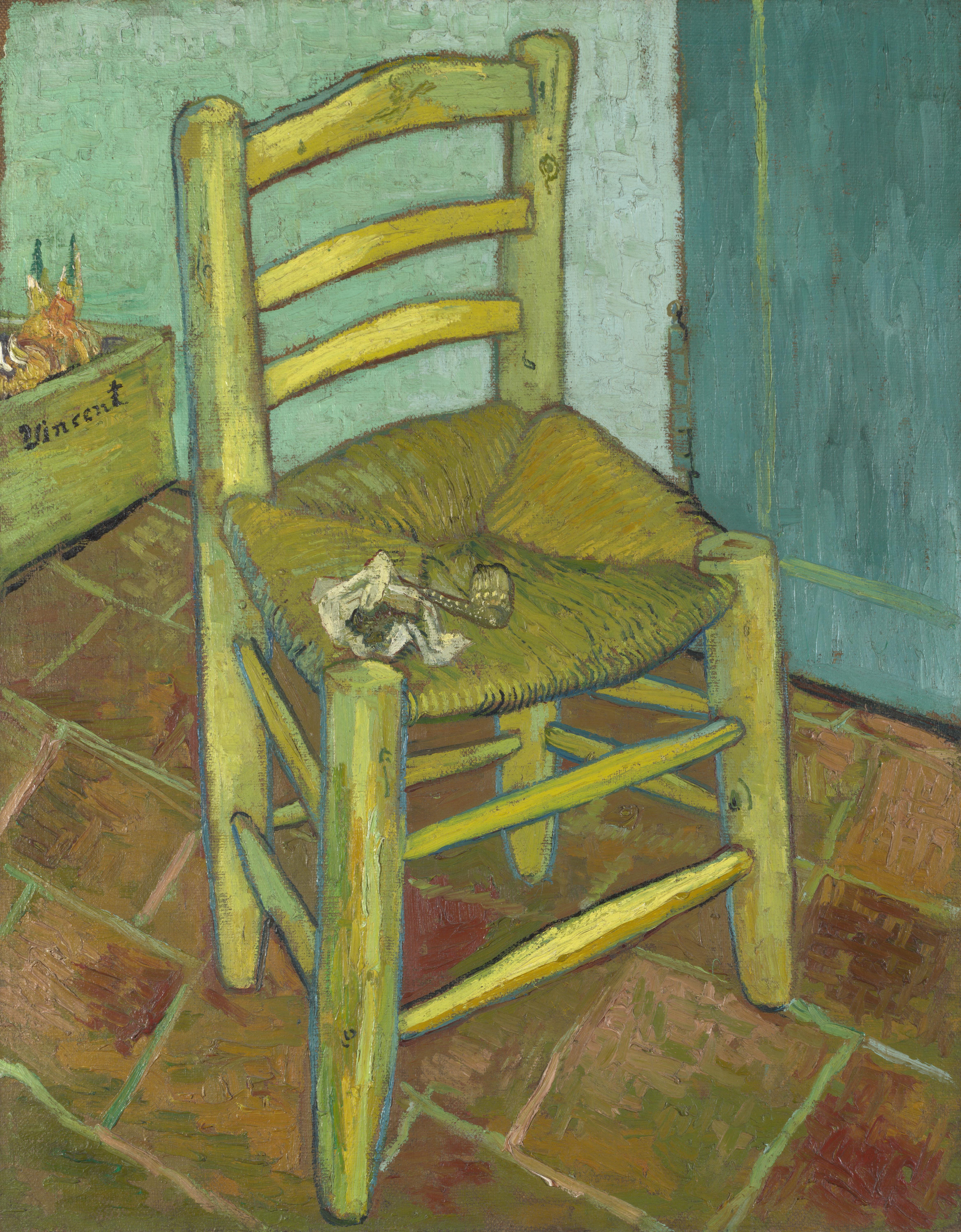 Van Gogh's yellow wooden chair with a pipe and tobacco on its seat